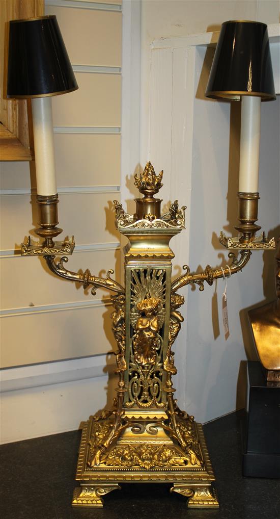 Pair 19th century ormolu twin branch candelabra, incl. shades(-)